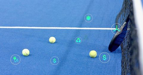 Neon eco and currency icons scattering around tennis racket and balls on blue court
