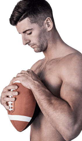 Transparent rugby player looking down holding ball