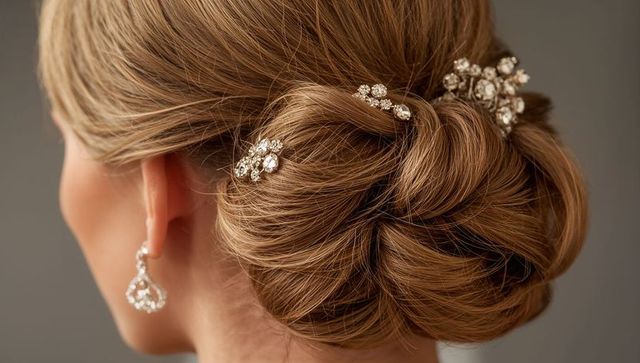 Twisted low bridal bun with crystal hairpins and chandelier rhinestone earrings