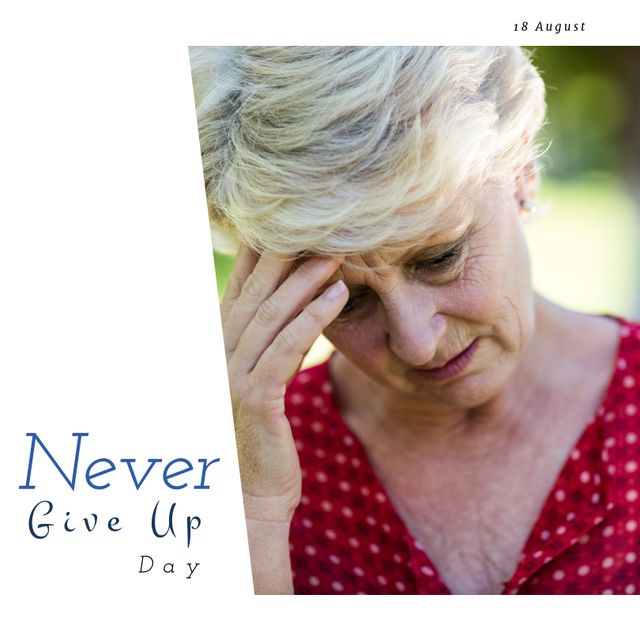 Image of a stressed Caucasian woman with hand on forehead, accompanied by Never Give Up Day text banner. Perfect for promoting mental health awareness, support campaigns, motivational posters, and resilient lifestyle blogs.
