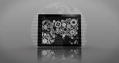 Animated Gears Over Digital Globe Symbolizing Innovation