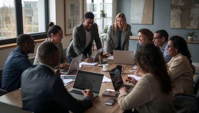 Diverse Team Enthusiastically Collaborating in Bright Modern Office