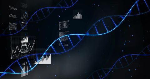 Luminous dna helix connecting biotech data with neon analytics and futuristic charts