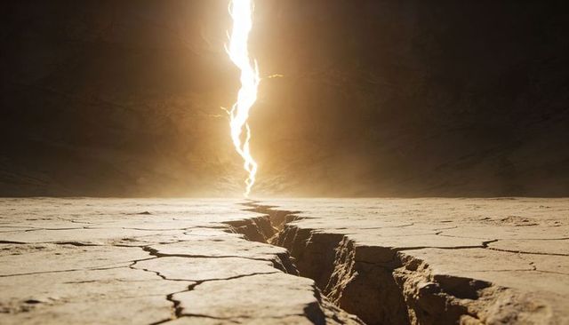 Glowing energy column piercing cracked clay plain with deep fissure leading to horizon