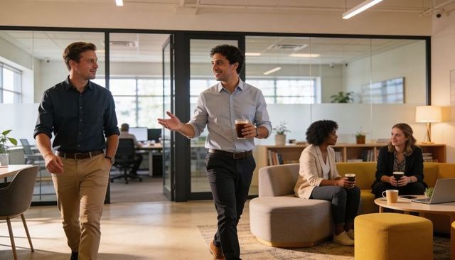 Business professionals walking and chatting in modern glass office lounge holding coffee