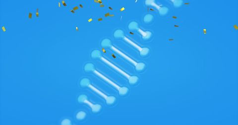 Spinning DNA Strand with Confetti on Blue Background