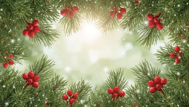 Framing Evergreen Wreath Border with Red Berries and Soft Bokeh Holiday Glow