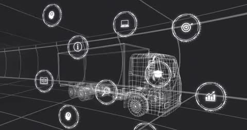 3D Wireframe Truck with Orbiting IoT Icons Showing Connected Fleet and Data Flow