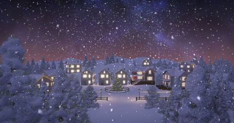 Enchanted snowy village with glowing christmas tree