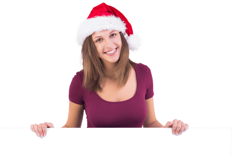 Festive Woman Wearing Santa Hat Holding Blank Poster Transparent Background