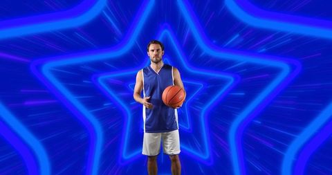 Caucasian Male Basketball Player with Futuristic Star Background