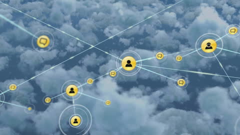 Digital Network Icons Amid Clouds in Blue Sky