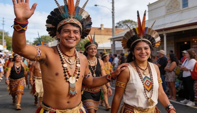 Smiling couple leading festival parade wearing feather headdresses and beaded regalia