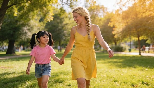 Mother and daughter walking hand in hand in sunny park at golden hour
