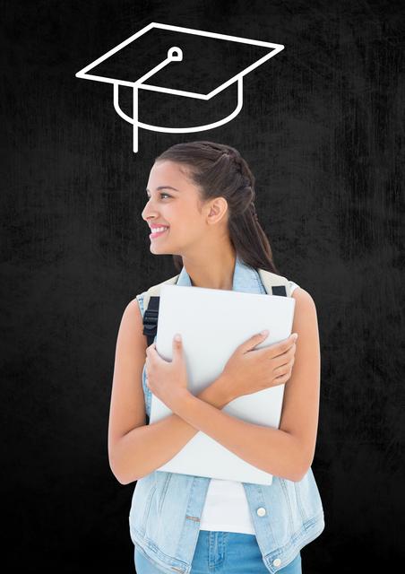 Teenage girl with backpack and mortarboard above head against black background