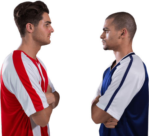Transparent confident football players facing each other conflict