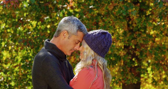 Senior couple embracing outdoors during fall season - Download Free Stock Images Pikwizard.com