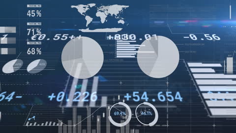Futuristic Digital Data Processing Interface with Graphs and Charts