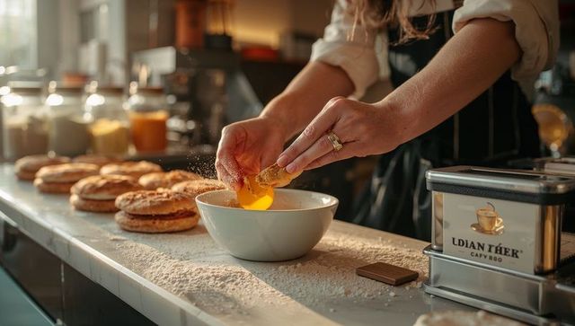 Artisan baker cracking egg over flour-dusted counter with fresh pastries in warm light