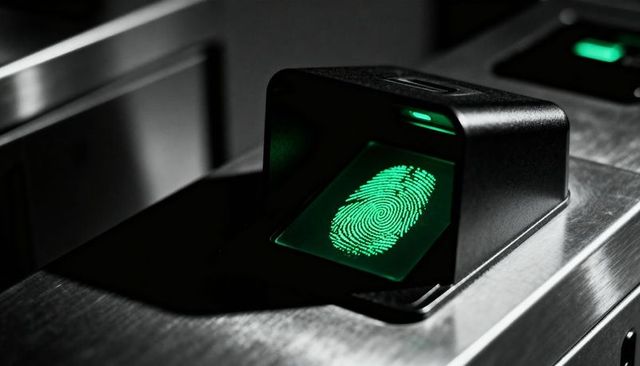 Green-illuminated fingerprint scanner on metal turnstile for secure biometric access control