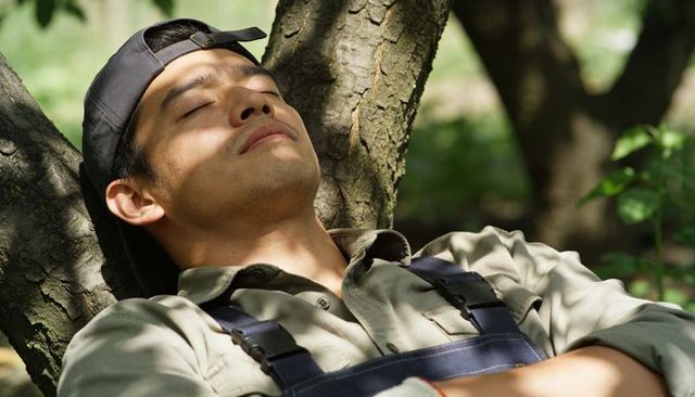 Asian man resting against tree trunk in sun-dappled forest with backward cap and overalls