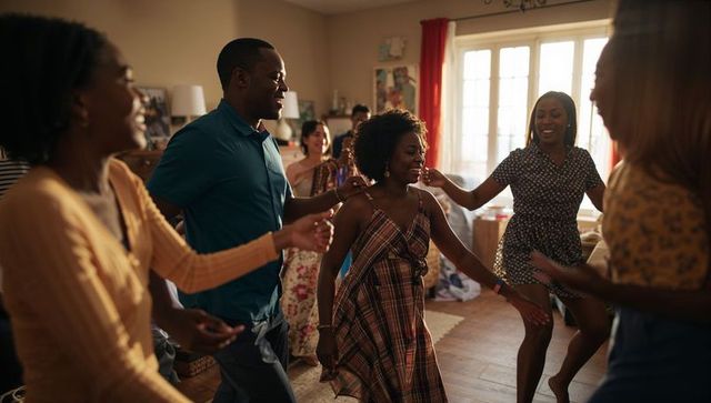 Lively living room dance party friends celebrating together warm casual home gathering