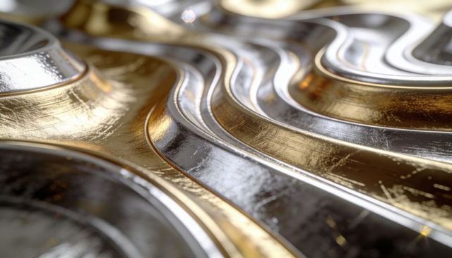 Gold and silver wavy metal surface with scratched reflective texture and concentric grooves
