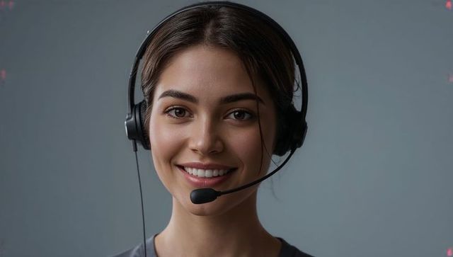 Smiling female customer support agent wearing headset, speaking into boom microphone