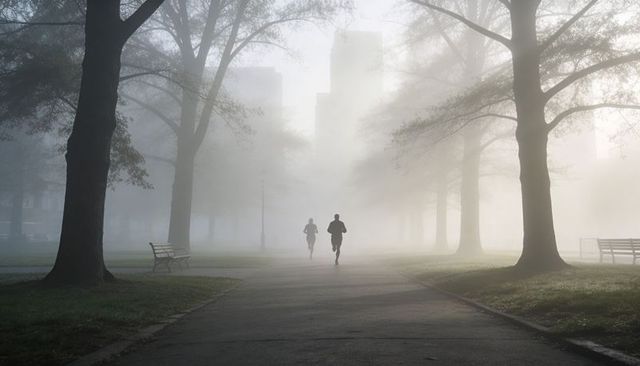Early morning fog joggers in urban park path silhouette fitness calm atmosphere wellness