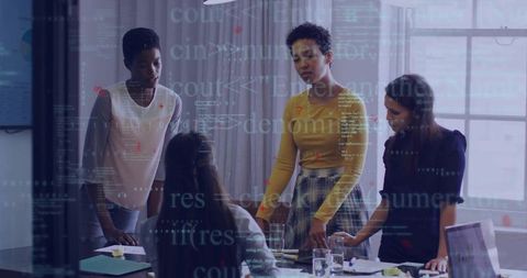 Diverse Female Team Collaborating with Digital Overlay in Modern Office