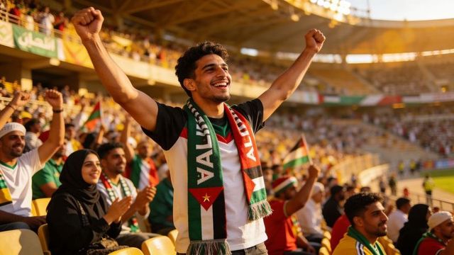 Male fan cheering with palestine scarf raising arms in packed stadium at golden hour