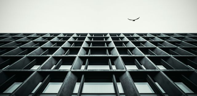 The image features a modern building facade with perfect grid-like windows and grey tones. A single bird is seen flying in the sky above, adding a dynamic element to the otherwise static and symmetrical scene. This can be used for themes related to urban life, architecture, construction, and corporate environments. It is also suitable for projects emphasizing minimalism, structural design, and contemporary aesthetics.