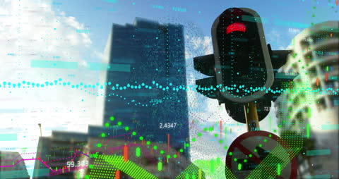 Digital Data Overlay on Cityscape with Traffic Light Intersection