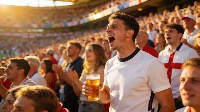 Passionate football fans cheering, holding pints during golden hour at packed stadium