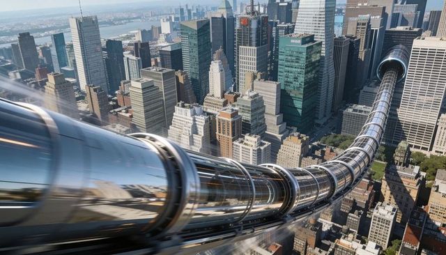 Curving glass-and-steel transit tube threading urban skyline, reflecting skyscrapers