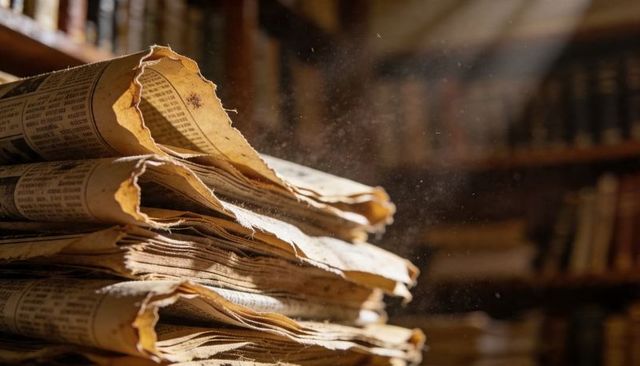 Stack of aged newspapers catching warm sunlight and floating dust motes in antique archive