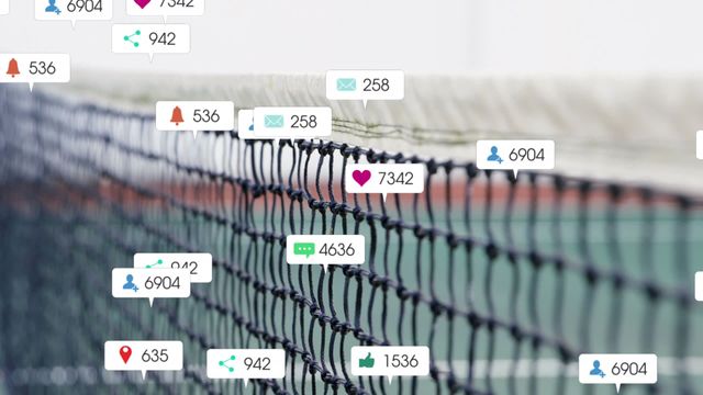 Conceptual representation of social media interaction and connectivity illustrated with notification icons floating around a tennis net in a outdoor court. Suitable for depicting themes of digital engagement in sports, technology events, or blending traditional activity with digital communication platforms. Ideal for marketing campaigns focused on tech-savvy sports advancements or social networking strengthens in athletic communities.