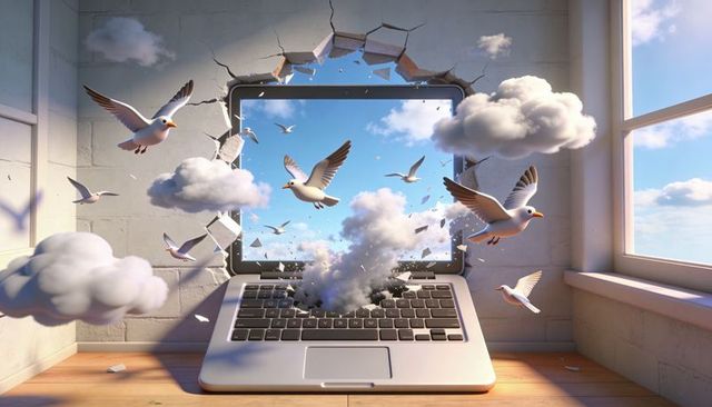 Laptop screen breaking and unleashing sky, clouds and seagulls into room