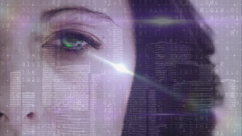 Close-up of Female Eye Overlayed with Binary Code and Technology