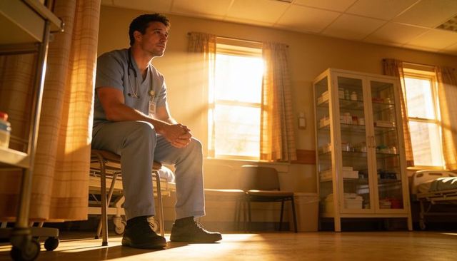 Sitting hospital nurse reflecting in sunlit patient room, healthcare worker in scrubs