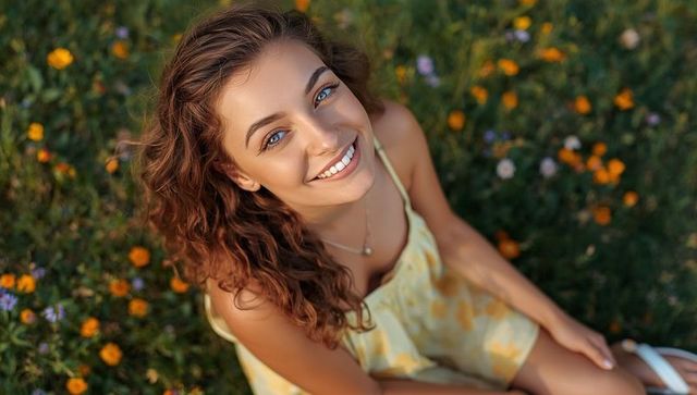 Smiling Woman in Sundress Relaxing Among Colorful Blossoms in Garden