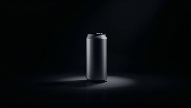 Matte black beverage can in studio lighting
