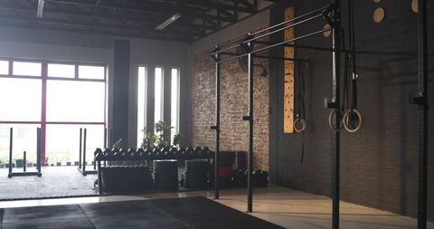 Modern Industrial Gym with Metal Pull-Up Rig and Rings
