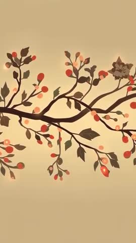 Looping botanical branch swaying, pulsing berries on warm beige gradient vertical video