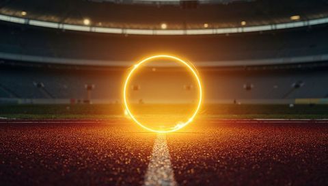 Glowing Neon Ring Resting on Stadium Track Lighting Damp Granular Surface Moody Night
