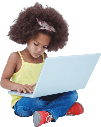 Young Girl Engaging with Laptop on Transparent Background