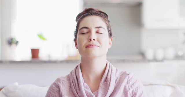 Relaxed Woman Practicing Mindfulness with Eyes Closed at Home - Download Free Stock Images Pikwizard.com