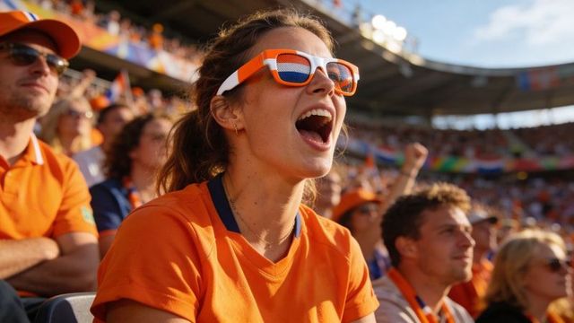 Cheering female fan wearing orange jersey and dutch flag sunglasses in sunny stadium crowd