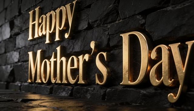 Glowing gold happy mother's day 3d typography on dark stone background