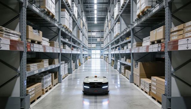 Autonomous warehouse robot navigating wide aisle of high steel racks and stacked cartons